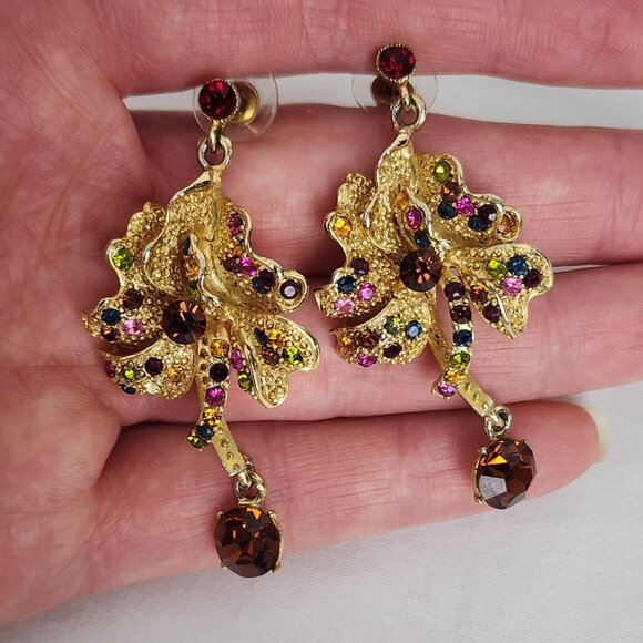 VTG Gold-Tone Floral Dangle Drop Earrings Multicolor Rhinestones Fall Fashion - Picture 2 of 10